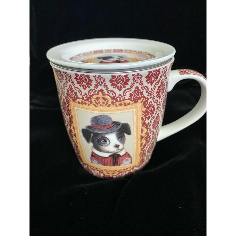 Efya Porcelain Tea Infuser Mug Red Damask Dapper Dog Portrait with Lid Strainer - Picture 2 of 12